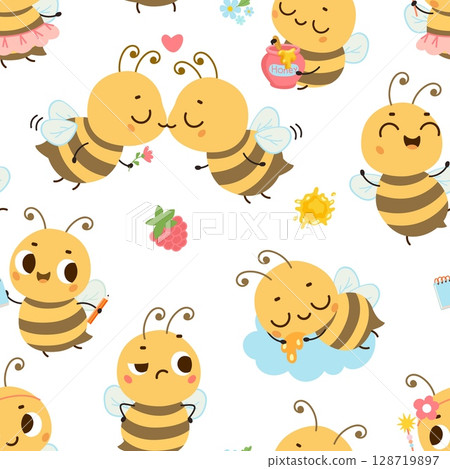 Bee seamless pattern. Cartoon bee different poses, princess, student, sleeping insect, flying in love. Print template for children fabric, vector background 128719897