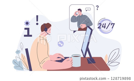 Administrator or call center worker. Young man with headphone consulting guy. Service line, hotline and support, online helping vector concept Administrator or call center worker. Young man with headphone consulting guy. Service line, hotline and support, online helping vector concept 128719898