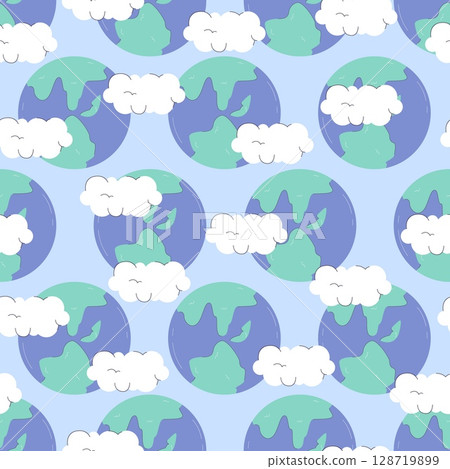 Abstract earth planet and white clouds. Seamless pattern with sky, cloud and planets. Print for fabric, wallpaper, wrapping, vector cartoon background Abstract earth planet and white clouds. Seamless pattern with sky, cloud and planets. Print for fabric, wallpaper, wrapping, vector cartoon background 128719899
