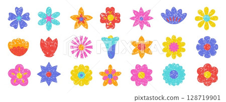 Pencil drawing flower icons. Different abstract flowers, childish drawn design. Isolated floral vibrant elements. Decorative patches, neoteric vector set Pencil drawing flower icons. Different abstract flowers, childish drawn design. Isolated floral vibrant elements. Decorative patches, neoteric vector set 128719901