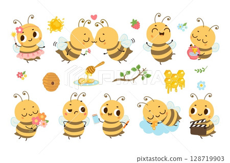 Honey funny bee. Cartoon bee different poses and emotions. Cute insect with magic wand, flowers, notepad, flying bees in love nowaday vector clipart 128719903