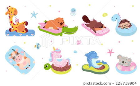 Animals swimming. Funny animal swim on inflatable rings and mattress. Isolated giraffe hedgehog wombat unicorn, summer nowaday vector characters Animals swimming. Funny animal swim on inflatable rings and mattress. Isolated giraffe hedgehog wombat unicorn, summer nowaday vector characters 128719904