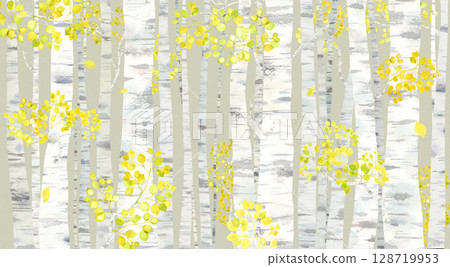 Watercolor illustration of a yellow autumn birch forest. Autumn image background. Watercolor illustration of a yellow autumn birch forest. Autumn image background. 128719953