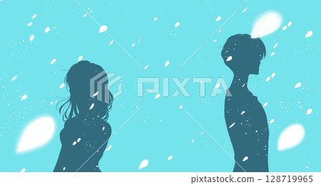 Man and woman standing back to back, upper body, petals, white space, silhouette Man and woman standing back to back, upper body, petals, white space, silhouette 128719965