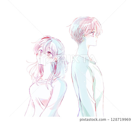 男人和女人背對背站立，上身，面無表情，風 128719969