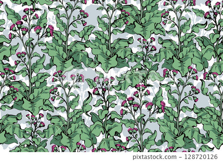 Big blooming burdock. Vector drawing pattern Big blooming burdock. Vector drawing pattern 128720126