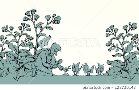 A man with a magnifier is looking for weeds. Vector drawing A man with a magnifier is looking for weeds. Vector drawing 128720148