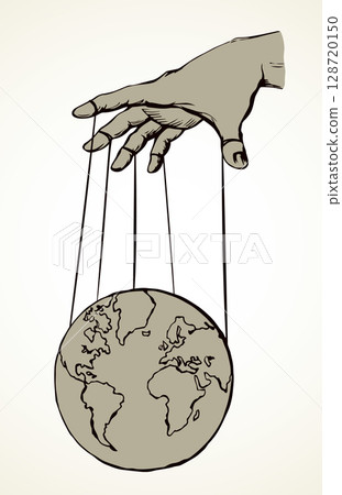 Man hand with a World map. Vector drawing concept 128720150