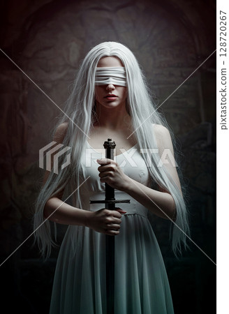 A white-haired witch wearing a blindfold and carrying a sword 128720267