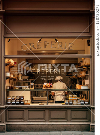 The exterior and chalkboard menu of a creperie on a street corner in France 128720275
