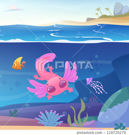 Underwater life. axolotl microorganisms. cartoon background 128720278