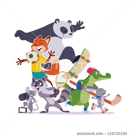 Sport animals. group of wild funny animals in sports activities 128720280