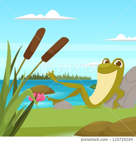 Lazy frog. cartoon amphibian relax time in pond Lazy frog. cartoon amphibian relax time in pond 128720284