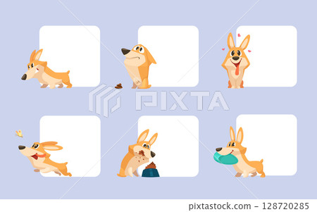 Funny dog. empty banners with funny cartoon yellow dog in action poses 128720285