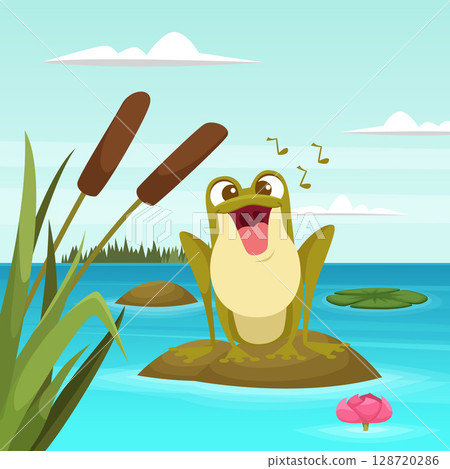 Frog singing. cartoon frog mascot sitting in pond 128720286
