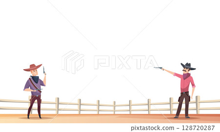 Cowboy shooting. wild west aggressive characters duel shooting with pistols 128720287