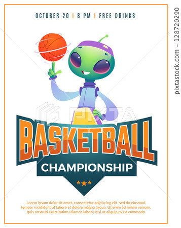 Basketball poster. placard with alien mascot holding basketball ball Basketball poster. placard with alien mascot holding basketball ball 128720290