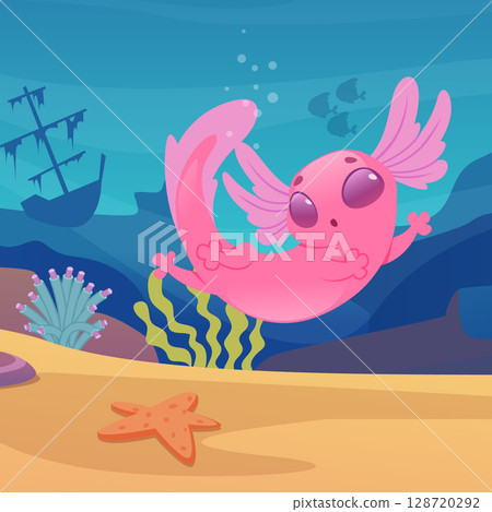 Axolotl. cartoon bio organism swimming underwater 128720292