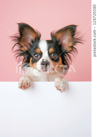 白色盒子外面的長毛吉娃娃 128720380