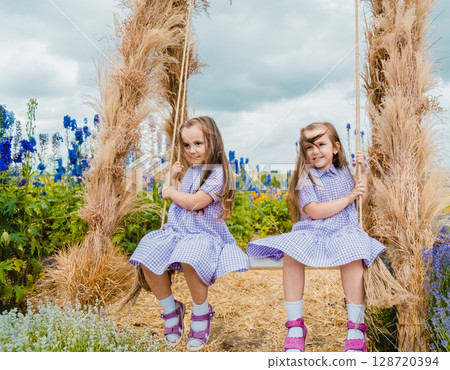 Two little girls swinging on a swing in a picturesque place 128720394