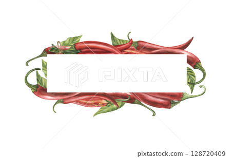 Rectangular narrow frame with juicy watercolor illustrations of red hot chili peppers. Vegetables are hand-drawn in a botanical style. For the design of culinary blogs, use in the restaurant business Rectangular narrow frame with juicy watercolor illustrations of red hot chili peppers. Vegetables are hand-drawn in a botanical style. For the design of culinary blogs, use in the restaurant business 128720409