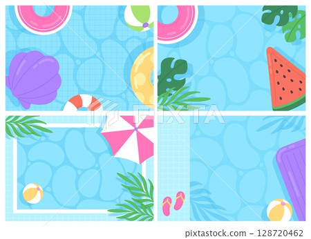 Swimming pool top view banners. Empty cartoon background with water surface, tropical leaves, inflatable rings and mattress. Seasonal vector posters Swimming pool top view banners. Empty cartoon background with water surface, tropical leaves, inflatable rings and mattress. Seasonal vector posters 128720462