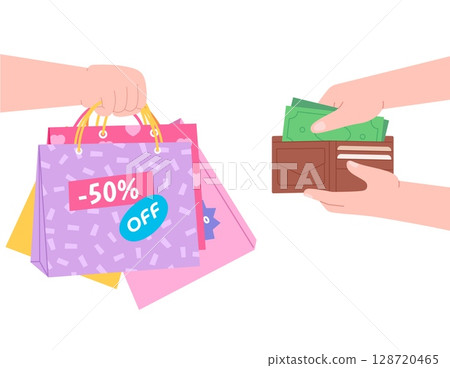 Shopaholism concept. Human hand holding different paper shop bags from sale. Buyer and seller concept, sale and discount time, vector background Shopaholism concept. Human hand holding different paper shop bags from sale. Buyer and seller concept, sale and discount time, vector background 128720465