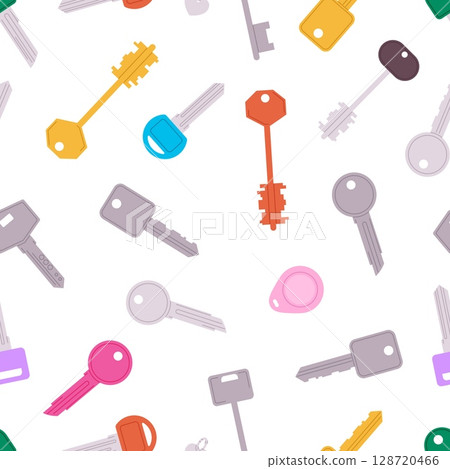 Keys seamless pattern. Different key, metal gold elements. Decorative print design for fabric, wallpaper, wrapping. Master keys vector background Keys seamless pattern. Different key, metal gold elements. Decorative print design for fabric, wallpaper, wrapping. Master keys vector background 128720466