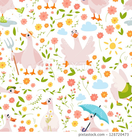 Cartoon geese seamless pattern. Floral template with funny goose. Flowers branches leaves, print for fabric, wallpaper, wrapping, vector background 128720473