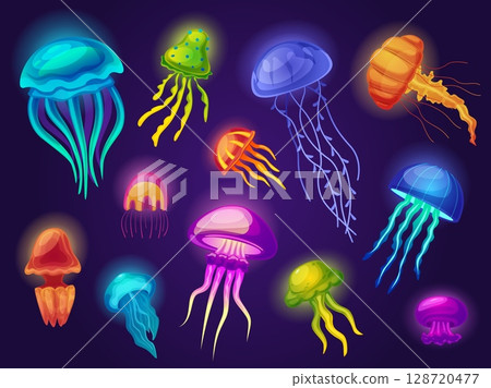 Glowing underwater jellyfish. Vibrant sea jellyfish, cartoon ocean creatures. Different water exotic animals jelly shapes with light effect, nowaday vector set 128720477