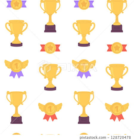 Gold trophy seamless pattern. Simple golden cups and medals, winner competition or awards. Decorative print for fabric, wrapping, wallpaper, racy vector background Gold trophy seamless pattern. Simple golden cups and medals, winner competition or awards. Decorative print for fabric, wrapping, wallpaper, racy vector background 128720478