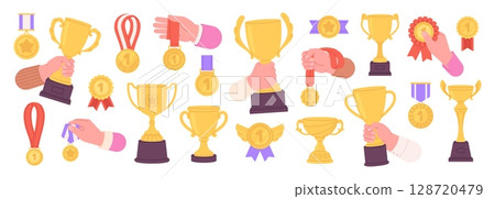 Hands holding winner cup. Winners with medals and gold cups. Isolated award in sport competition, business success, scientific discoveries, racy vector set 128720479