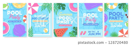 Pool party cards. Summer seasonal festival, personal or public invitation design with swimming rubber rings and mattress. Racy vector templates 128720480