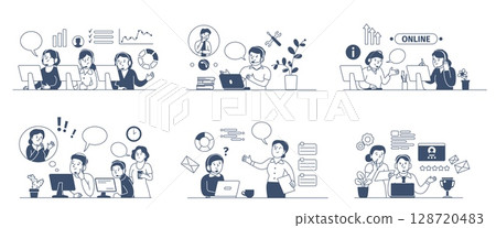 Support center workers. Online service, helpline or hotline for people. Operators talk with clients, business communication, service recent vector scenes Support center workers. Online service, helpline or hotline for people. Operators talk with clients, business communication, service recent vector scenes 128720483