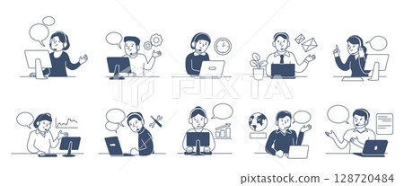 Line call center workers. Male female with headphones and talking with clients. Client support and helping, hotline or helpline. Talkative employee recent vector set Line call center workers. Male female with headphones and talking with clients. Client support and helping, hotline or helpline. Talkative employee recent vector set 128720484