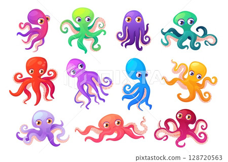 Cartoon octopuses. Octopus kraken sea monster, squid with tentacles ocean underwater animal poses marine creature cute characters under water aquarium, swanky vector illustration 128720563