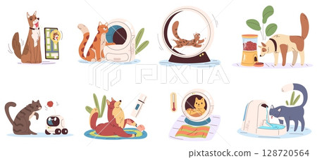 Pet gadgets. Smart devices for pets, ai innovation digital technology, automated feeders toilets online health training dog cat internet control collar, classy vector illustration Pet gadgets. Smart devices for pets, ai innovation digital technology, automated feeders toilets online health training dog cat internet control collar, classy vector illustration 128720564