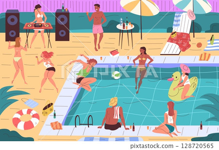 People pool party. Man in swimwear and woman bikini dance fun event, dj outdoor beach festival in luxury villa hotel poolside swim jump summer vacation, classy vector illustration 128720565
