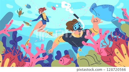 People snorkeling. Couple snorkel, man woman diving sea underwater nature landscape scuba divers dive under water snorkling deep fish reef swim mask, classy vector illustration 128720566