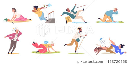 Falling old people. Senior person fall down accident, elderly woman injury elder slip stumble injured man with dizzy grandfather grandma fracture risk, classy vector illustration 128720568