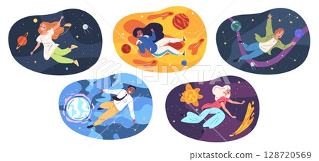 People flying space. Man woman dream fly in abstract universe, science explore galaxy planets person floating gravity imagination concept fantastic world classy vector illustration 128720569