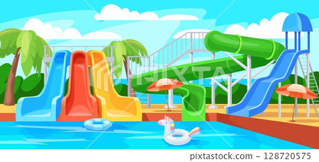Cartoon aquapark. Waterpark swimming pool with water slide, aqua amusement park for family children beach party waterslide playground background summertime neat vector illustration 128720575