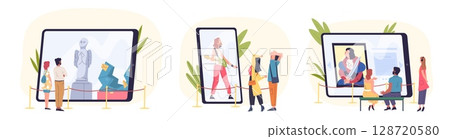 Museum online tour. People watch art gallery exhibition on smartphone screen, virtual guide digital stream music concert mobile phone internet presentation vector illustration 128720580