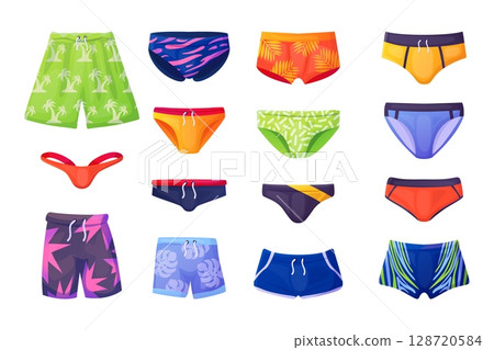Swimming trunks. Men swimwear, male underpants swimming pool sea summer beach vacation travel swim underwear hawaii surf shorts boxer pants briefs set swanky vector illustration Swimming trunks. Men swimwear, male underpants swimming pool sea summer beach vacation travel swim underwear hawaii surf shorts boxer pants briefs set swanky vector illustration 128720584