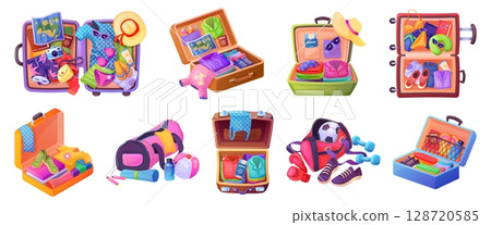 Open luggage clothes. Travel bag essentials inside filled suitcase, messy folded clothes pack in baggage prepare summer vacation trip sport gym, cartoon swanky vector illustration 128720585
