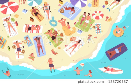 People on beach top view. Crowd tourists relax seaside, swim inflatable ring water sea sunbathing towels above sun umbrella summer vacation holiday rest, classy vector illustration 128720587
