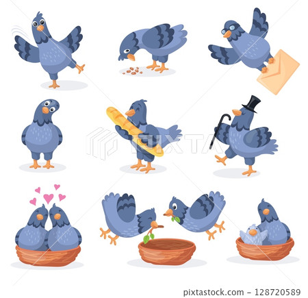 Cartoon pigeons characters. Pigeon cute mascot, funny city bird build nest flying dove character face emotion and poses, wild doves birds animal beak, set neat vector illustration 128720589