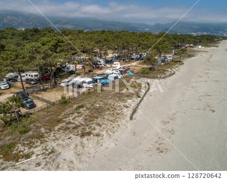 Aerial view of detail of campsite on Corsican coast near Bastia Etang de Biguglia Camping San Daminao Beachside Corse 128720642
