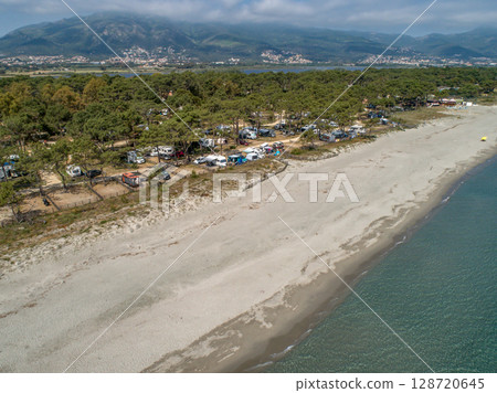Aerial view of detail of campsite on Corsican coast near Bastia Etang de Biguglia Camping San Daminao Beachside Corse Aerial view of detail of campsite on Corsican coast near Bastia Etang de Biguglia Camping San Daminao Beachside Corse 128720645