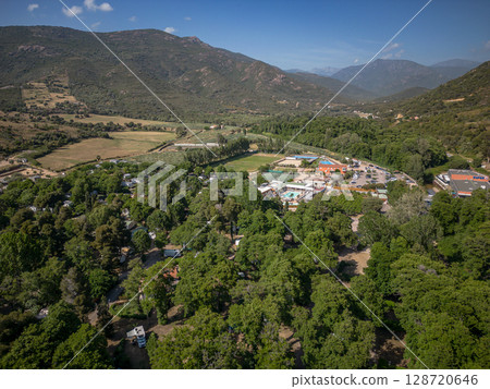 Aerial View Popular tourist camping Sagone Campsite hilltop located on the western coast of Corsica island Corse France Aerial View Popular tourist camping Sagone Campsite hilltop located on the western coast of Corsica island Corse France 128720646